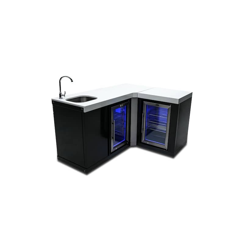 Mont Alpi MA-BEVBSS90FC 3-Piece Black Stainless Steel Modular Outdoor Kitchen Island Bar + Beverage Center + Granite Countertops - White/Black - Stainless Steel