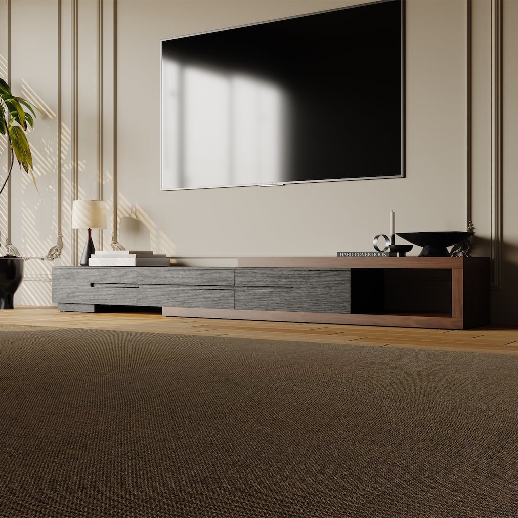 Modern Extendable TV Stand, Solid Wood Media Console for Up to 100 Inch TV with 3 Drawers, Fully-Assembled, Walnut Veneer