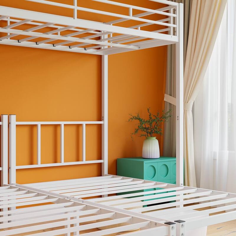 Convertible Triple Twin Metal Bunk Bed with Safety Guardrails and Ladder, Space-Saving Design for Dorm or Guest Room, White