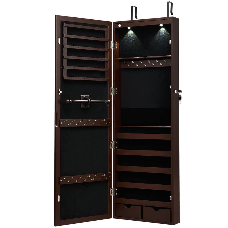 Costway Wall Mount Mirrored Jewelry Cabinet Organizer LED Lights