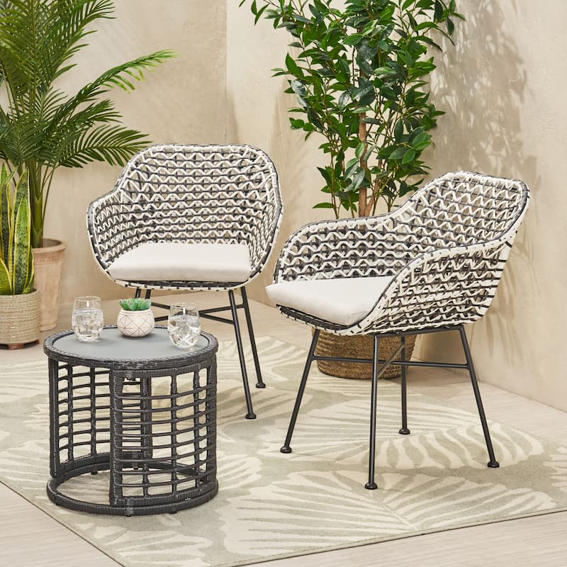 Gulley Outdoor Faux Wicker Chat Set by Christopher Knight Home - Black + White + Grey + Matte Black + Beige
