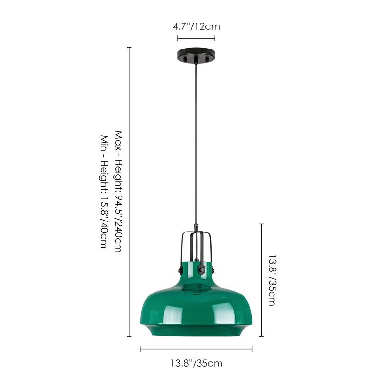 1-Light Farmhouse Industrial Green Dome Adjustable Pendant Hanging Light with Matte Black Hardware for Kitchen Island