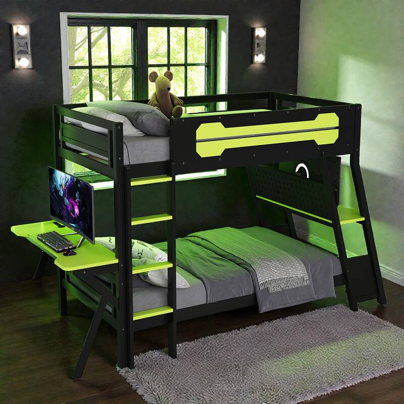 Twin/Full Gaming Bunk Bed with Dual Desks, USB Charging Ports and Pegboard Organizer, Gamer Bunk Frame