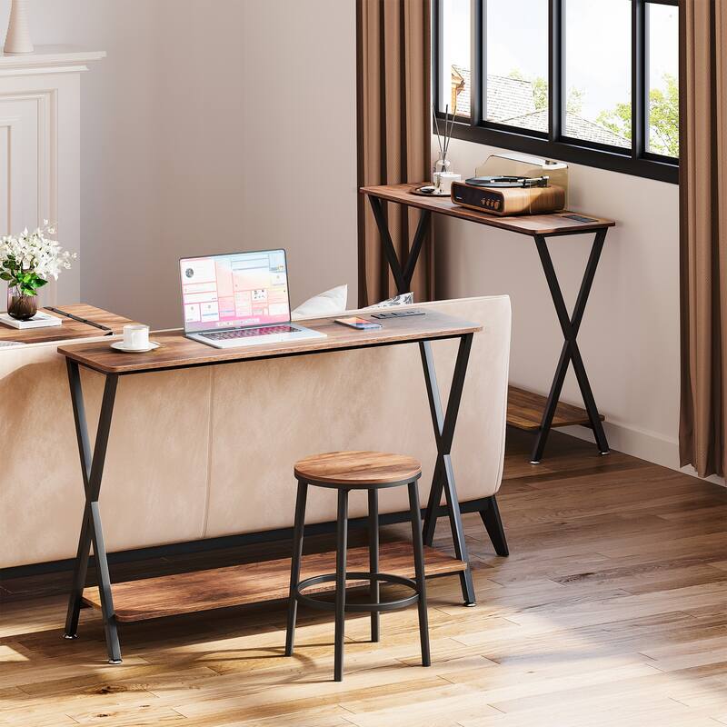 Farmhouse Console Table Barn Style with Shelf and Metal Frame