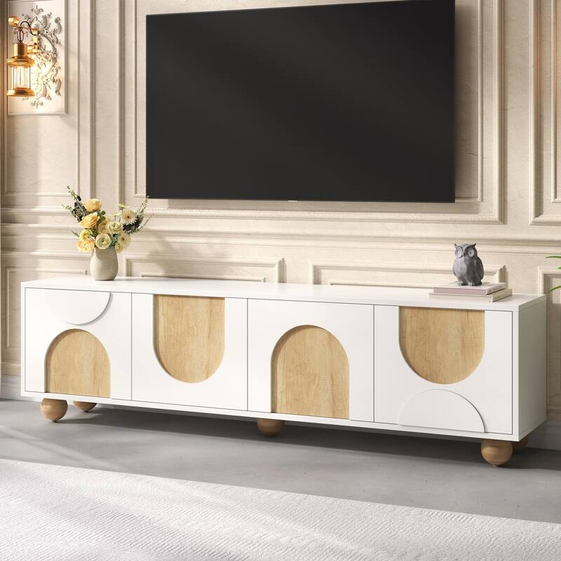 Farmhouse-Style TV Stand with 4 Cabinets, Cable Holes and Spring-loaded Mechanism, for Living Rooms and Bedrooms, White - White