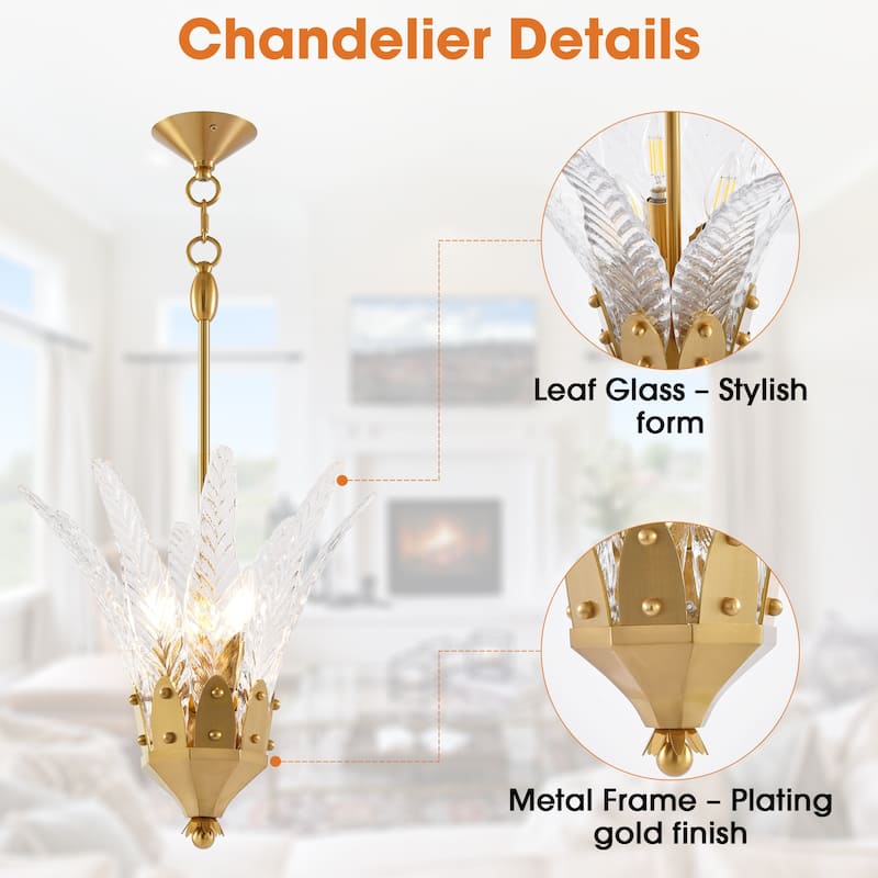 17" Modern Gold Flower 3-light Leaf-shaped Textured Glass Chandelier Hanging Light