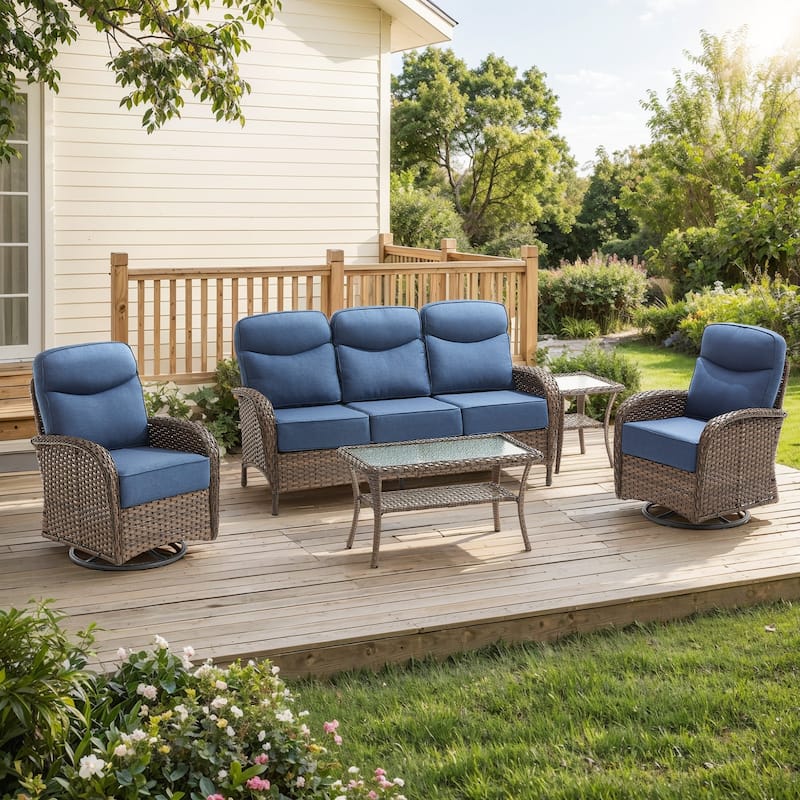 Pocassy Outdoor Sofa Swivel Chair and Ottman with Fire Pit Table - Brown Wicker Blue Cushion - 5-Piece Sofa Swivel Chiar with Table