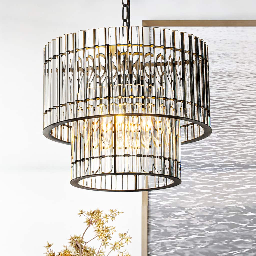 4-Light 16" Modern Luxury Matte Black 2-Tier Glass Chandelier for Dining Room