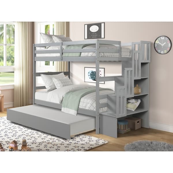 slide 2 of 14, Twin Over Twin Bunk Beds with Twin Size Trundle & Storage Stairs, Gray Gray - Twin