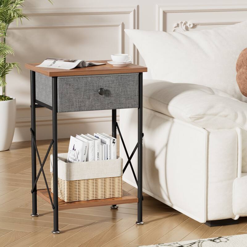 Javlergo Set of 1 or 2 Modern X-Shape End Table with Removable Fabric Drawer & Open Shelf for Living room bedroom study room