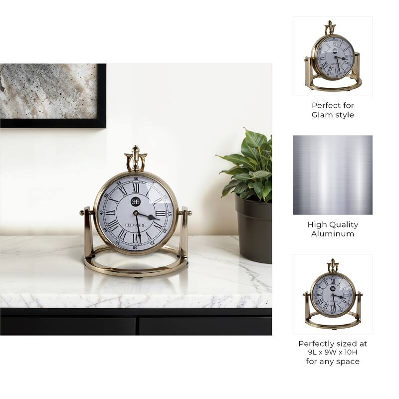 Metal Glass Desk Clock Roman Numerals Silent Movement and Pivot Stand - 9" x 9" x 10"