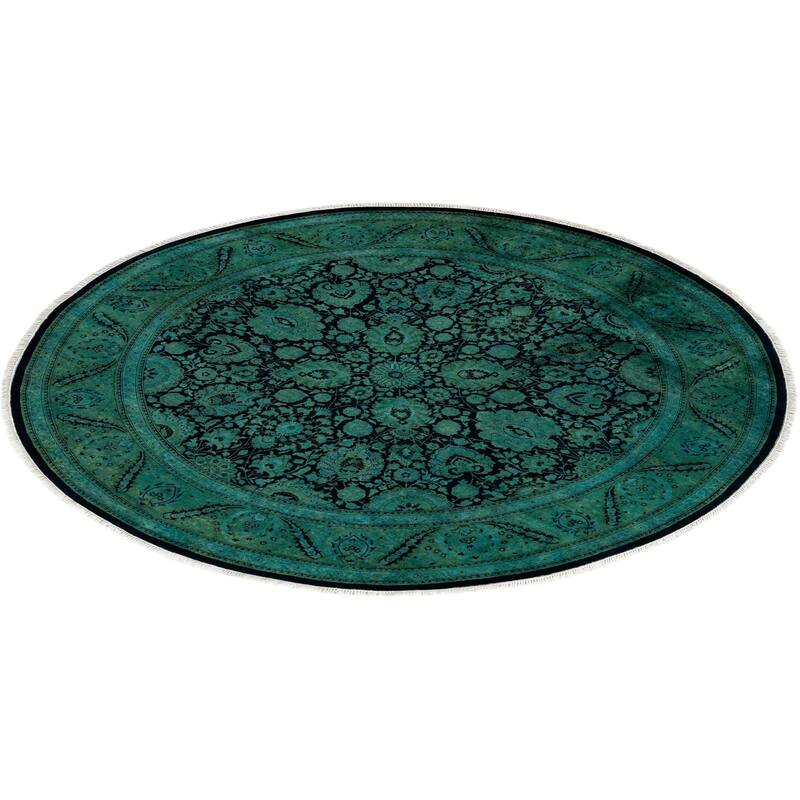 Overton Hand Knotted Wool Vintage Inspired Modern Contemporary Overdyed Green Round Area Rug - 7' 1" x 7' 1"