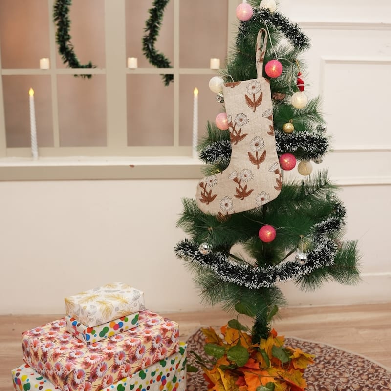 Fabdivine Hand Block Floral Print Christmas Knit Stockings, Home Decorative Gift Use - 16"X6.5"