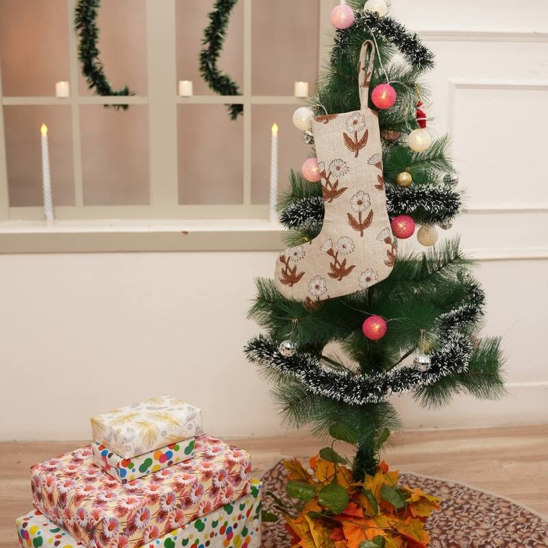 Fabdivine Handmade Linen Floral Block Print Christmas Stocking Home Décor Perfect for Gift - 10"X4.5"