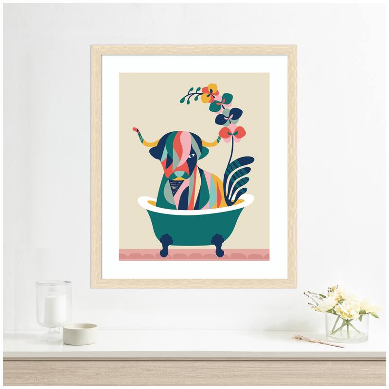 Kate and Laurel Framed Art Mid Century Modern Cow in Bathtub by Rachel Lee