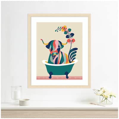Kate and Laurel Framed Art Mid Century Modern Cow in Bathtub by Rachel Lee