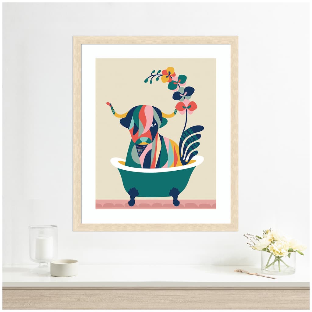 Kate and Laurel Framed Art Mid Century Modern Cow in Bathtub by Rachel Lee