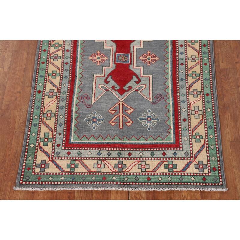 Gray Geometric Kazak Foyer Rug Hand-Knotted Traditional Wool Carpet - 3'4" x 4'9"