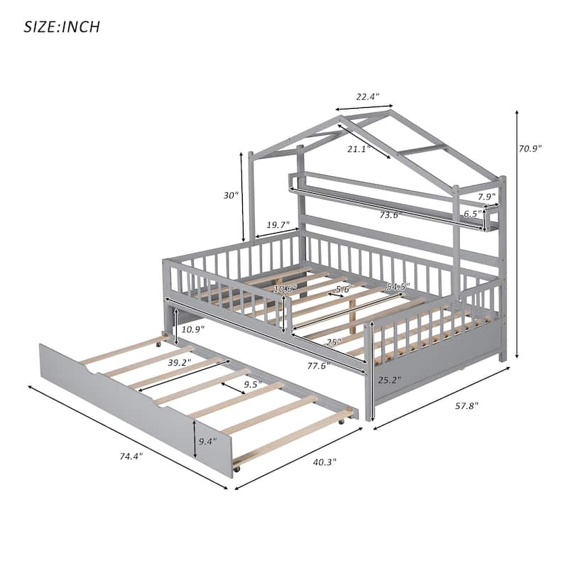 Wooden Full Size House Bed with Twin Size Trundle,Kids Bed with Shelf