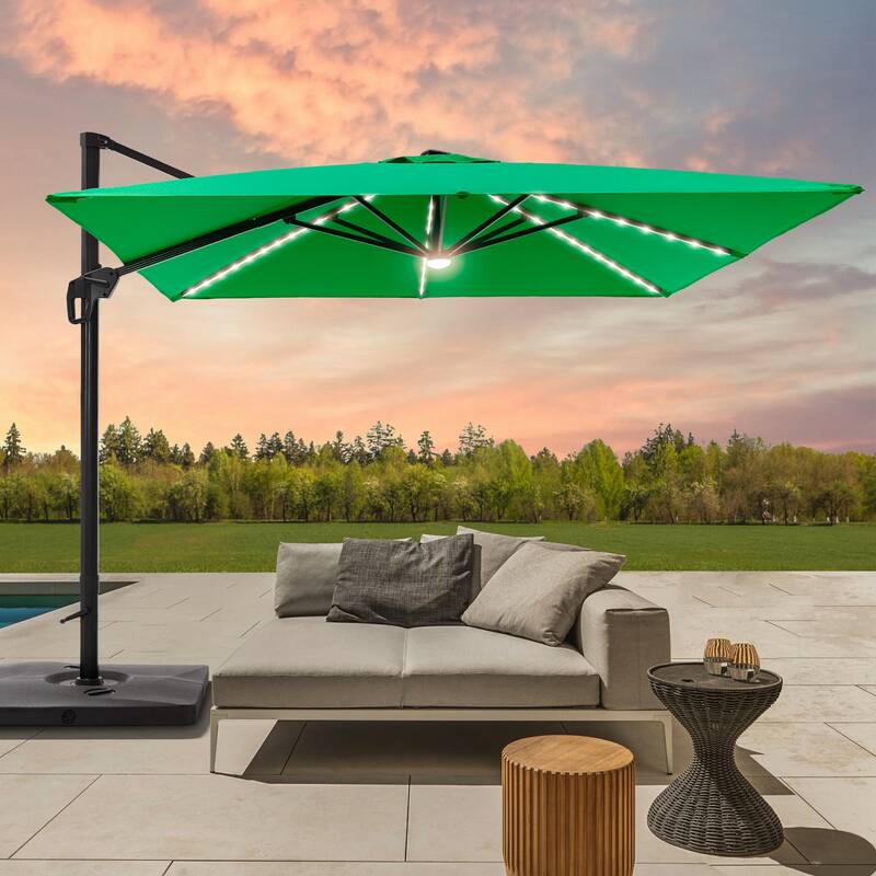 BONOSUKI 10x10FT LED Cantilever Patio Umbrella Angle Adjustment w/Base - Kelly Green