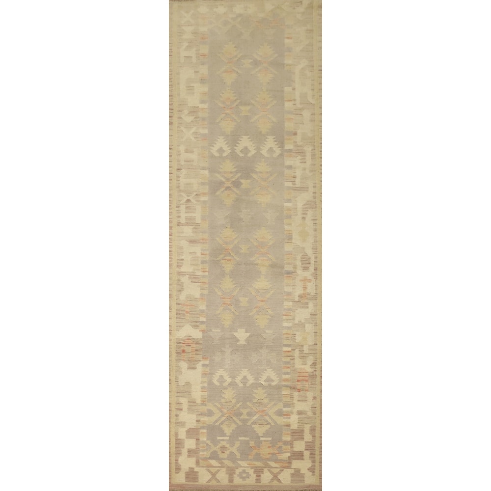 Hand Woven Oriental 100% Wool Carpet Southwestern Tribal Purples Kilim Runner Rug - 12' 3'' X 2' 9''