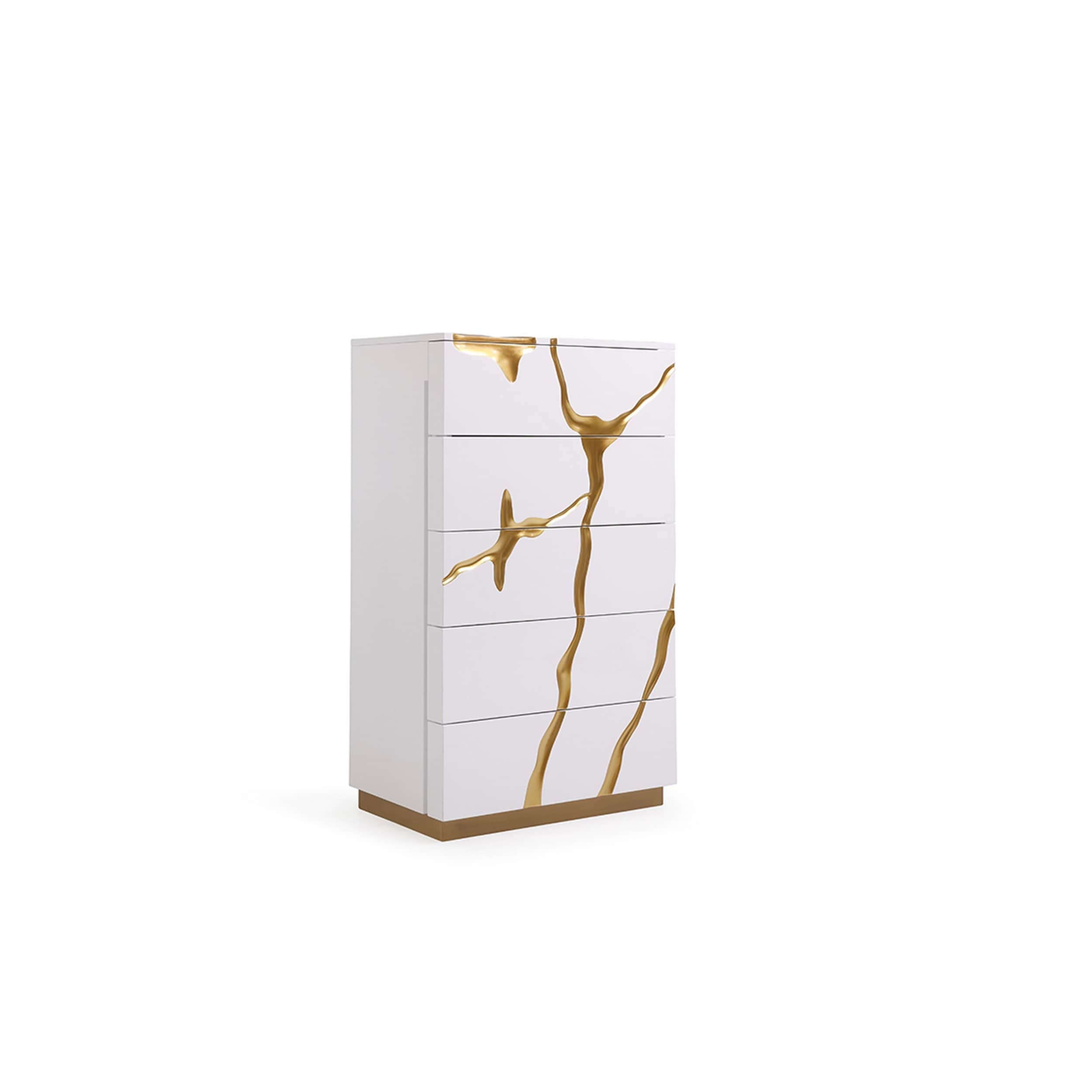 Cid Exie 50 Inch 5 Drawer Tall Dresser Chest, Gold Accents, Glossy White