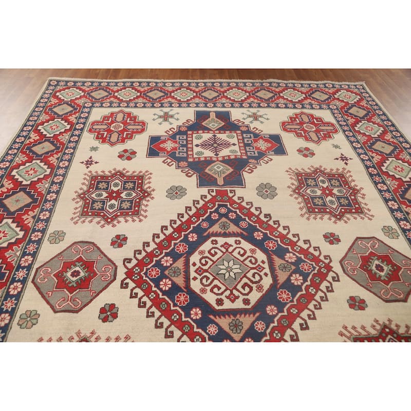 Ivory Geometric Kazak Oriental Area Rug Handmade Wool Carpet - 8'4"x 11'7"