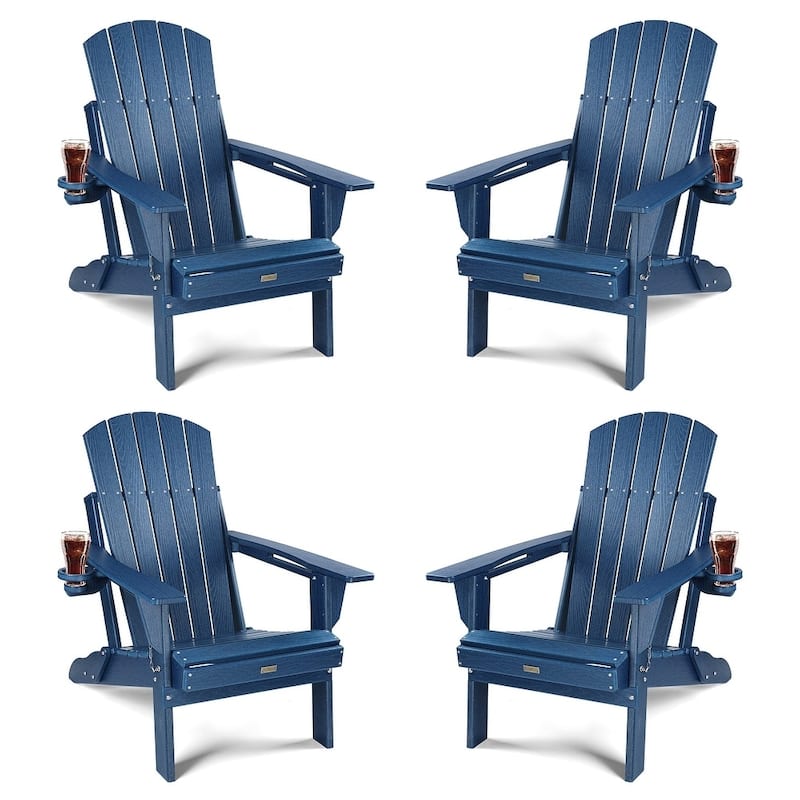 WINSOON All Weather HDPE Outdoor Folding Adirondack Chair With Cup Holder Set of 4 - Navy