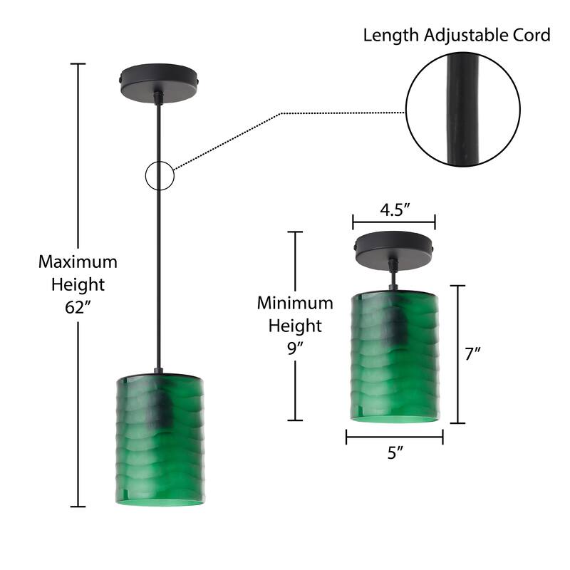 Sydney River of Goods Black Metal and Green Hand Blown Glass 5-Inch Pendant Light with Adjustable Hanging Cord - 5" x 5" x 62"