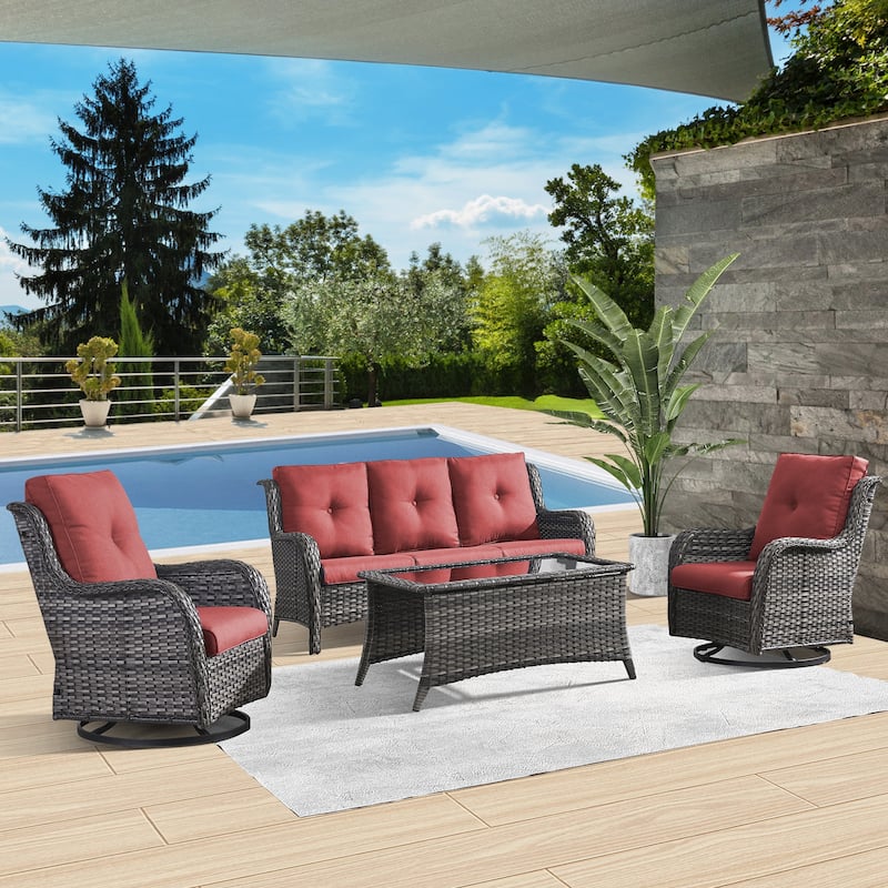 Patio Sofa with Swivel Rocking Chair - Grey - Red