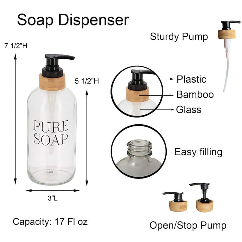 Glass and Bamboo Soap Dispenser PURE SOAP 17 or 34 FL OZ - Clear