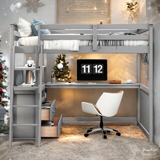 Stylish & Simple Full Size Loft Bed with Desk and Shelves, 2 Built-in Drawers, Safety Guaranteed, Multifunctionl Design, Gray