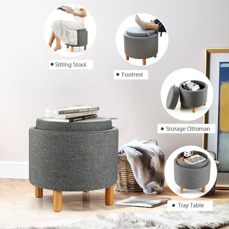Round Storage Ottoman with Tray Top Accent Padded Footrest