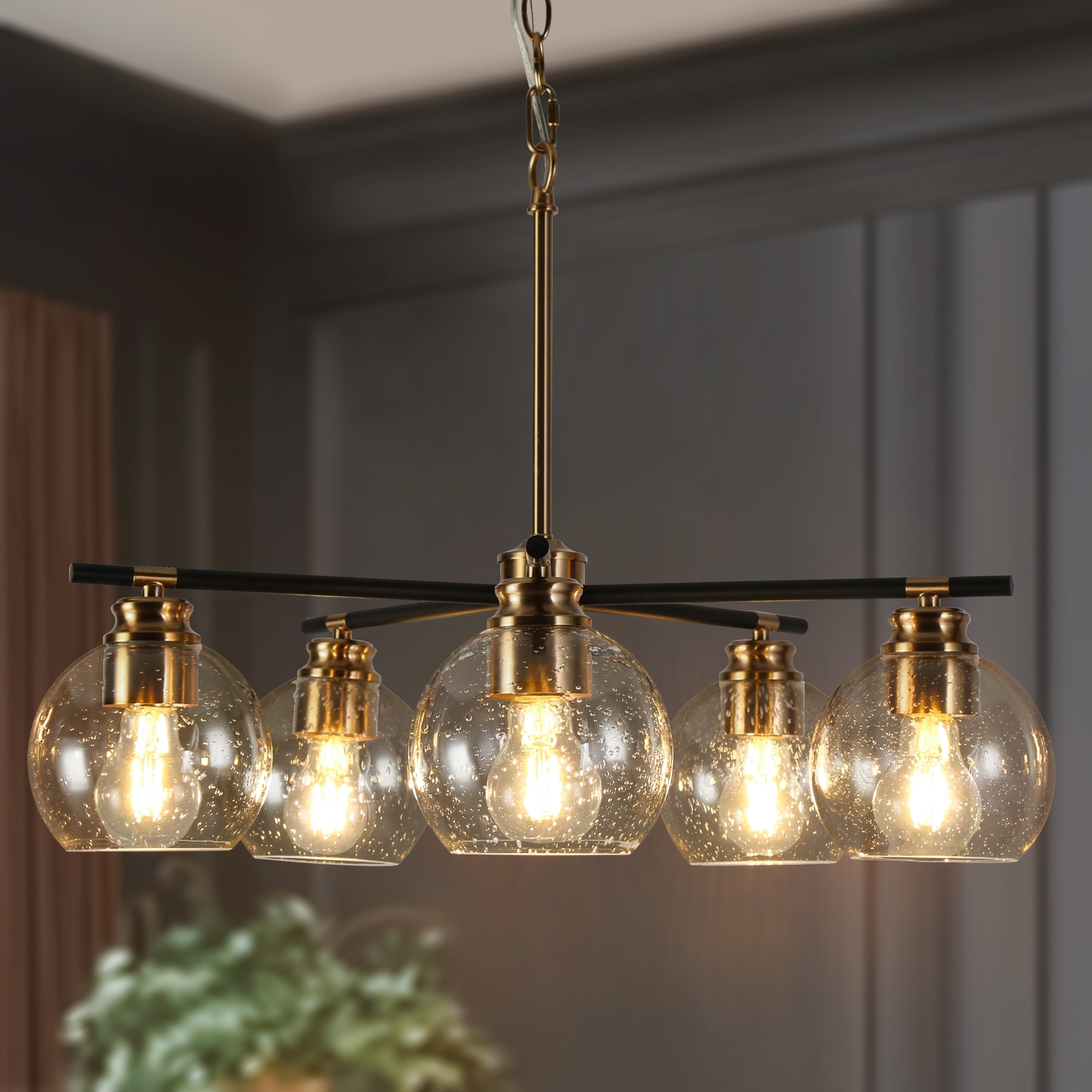 Modern 5-Light Black Gold Chandelier Orb Seeded Glass Pendant Light for Dining Room - 23" D x 17.5" H