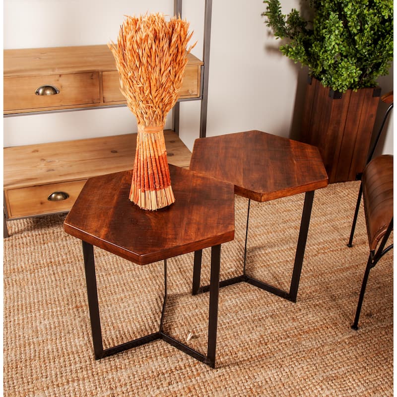 Mango Wood Accent Table with Black Metal Y-Shaped Bases - Set of 3 Brown - Roche River Decor