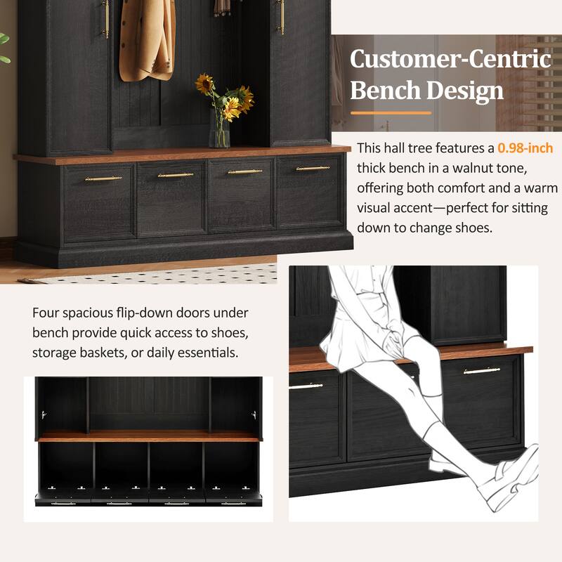 59" Farmhouse Hall Tree - 4-in-1 Entryway Bench with Golden Hooks, Adjustable Shelves & Shoe Storage
