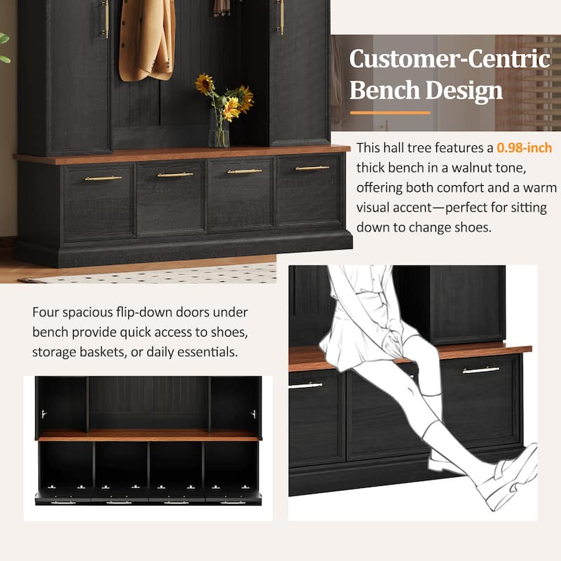 59 in Farmhouse Hall Tree with Golden Hooks & Handles, Walnut Bench, Adjustable Shelves, 76.7 in H Entryway Organizer