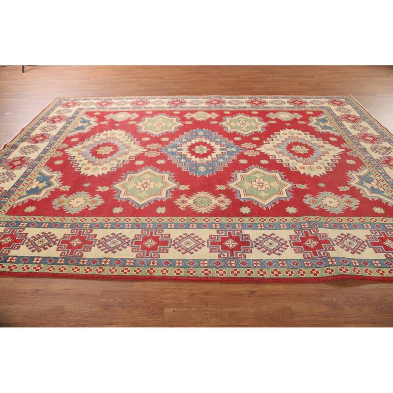 Geometric Kazak Area Rug Hand-Knotted Red Wool Carpet - 8'0" x 11'0"