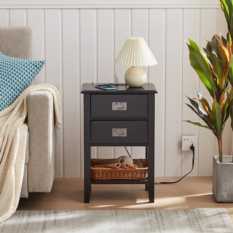 VECELO Mid Century Modern Nightstand with Charging Station and USB Port, Set of 2 Nightstands
