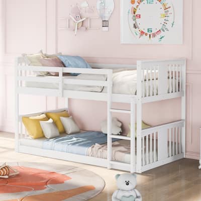 Low Bunk Bed Twin Over Twin, Solid Wood Bunk Bed Frame, Kids Floor Bunk Beds with Ladder & Guardrails for Kids, Toddlers, Teens