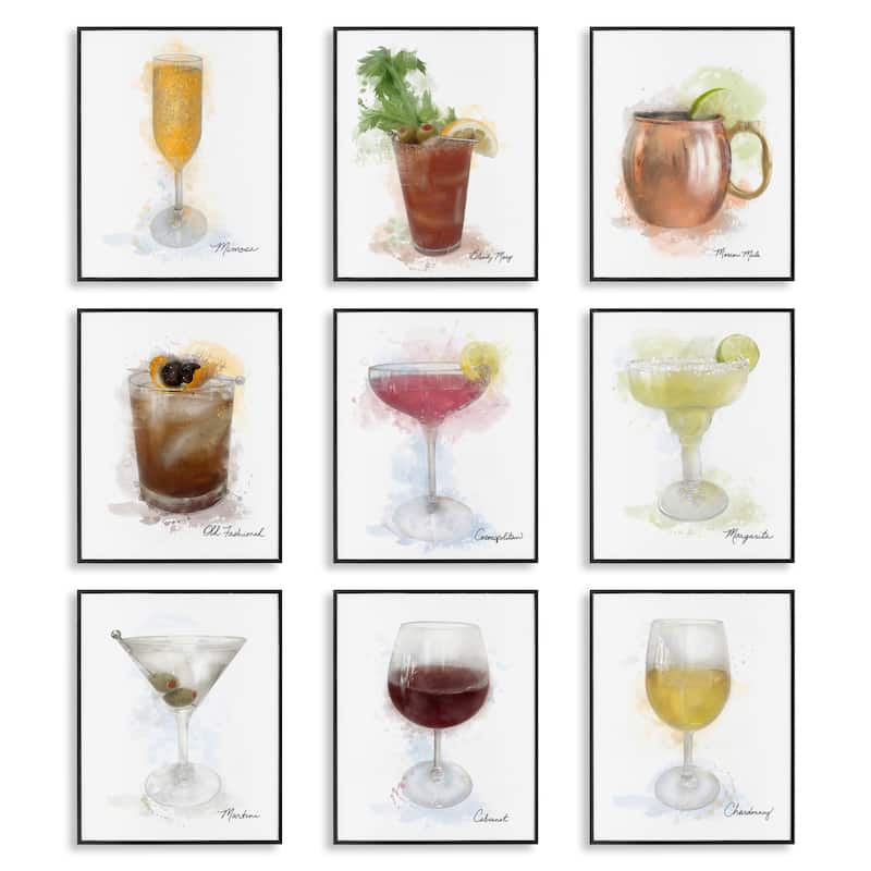 Stupell Modern Muted Cocktail Drinks Framed Giclee Art Design By Matthew Piotrowicz (Set of 9) - 11 x 14 - Black