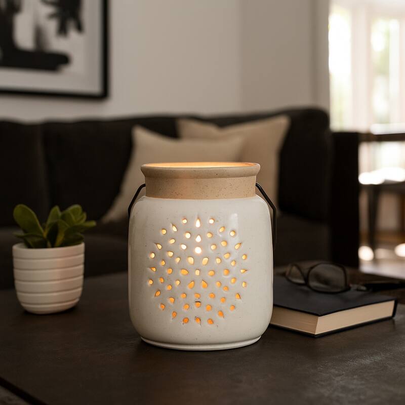Ceramic Cylinder Flower Cut-Out Lantern - Ivory, 6 in.