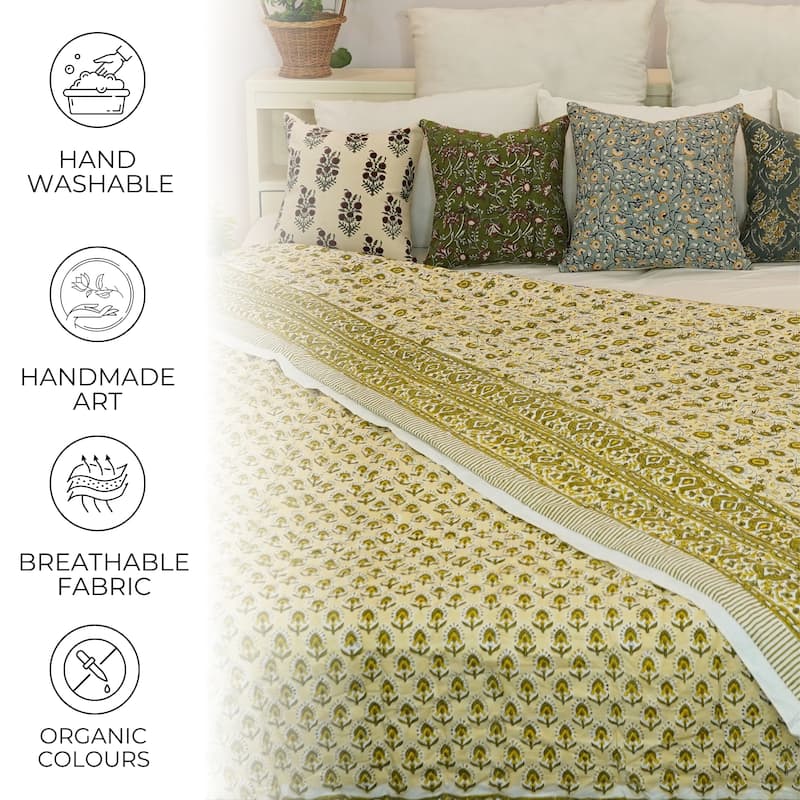 Fabdivine Organic Cotton Quilt - Blue Green Floral, Reversible Handmade Natural Boho Bedding for Bedroom & Living Spaces