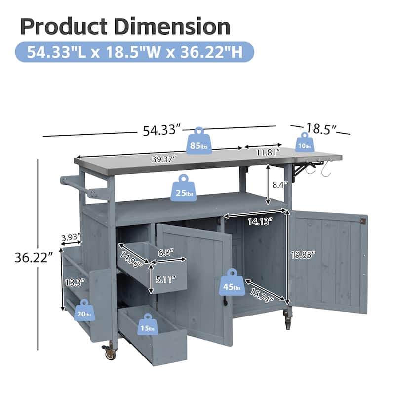 Christopher Knight Home - 54.33" Solid Wood Mobile Outdoor Kitchen Cart with Stainless Steel Top & Spice Rack & Lockable Wheels