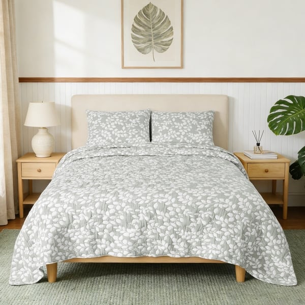 slide 2 of 8, Leaves Soft Reversible Quilt Set Full - Queen - Sage - 3 Piece