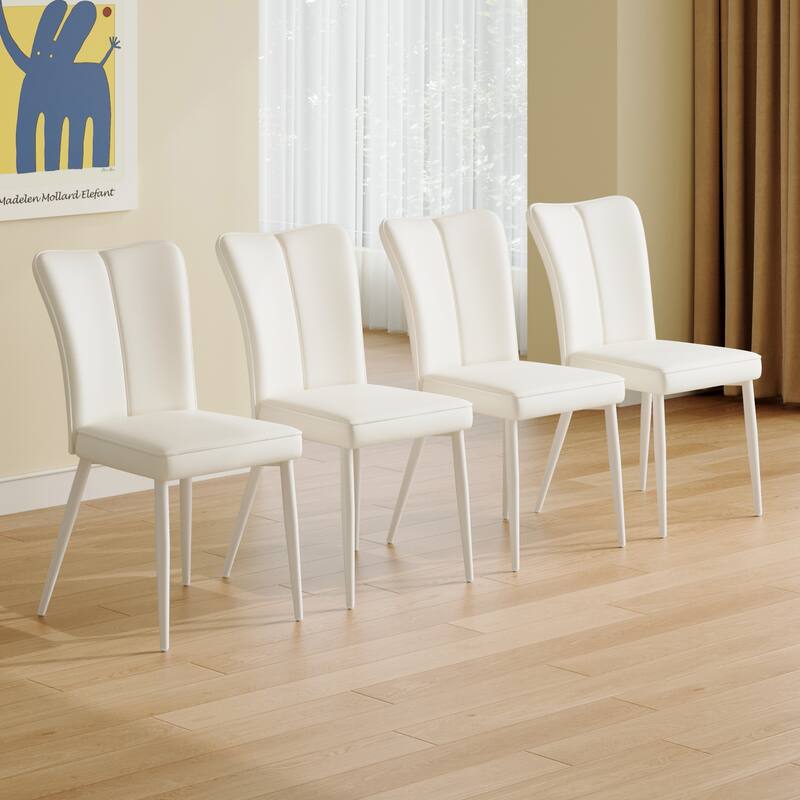 Minimalist White PU Leather Dining Chair Set of 2 w/ Curved Back & White Metal Chair Legs