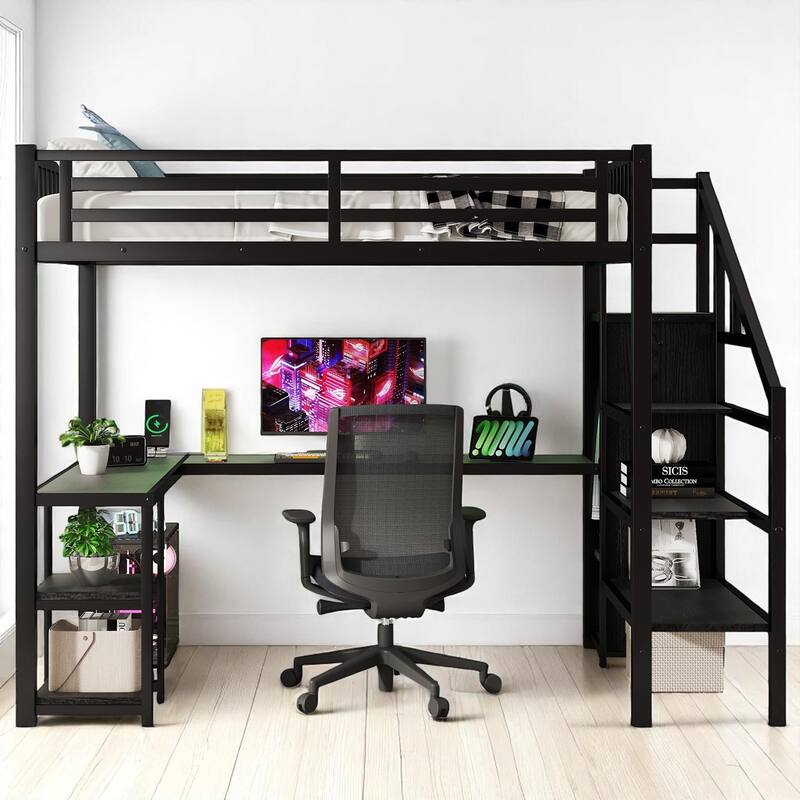 Full/Queen Size Metal Loft Bed with L-Shaped Desk, USB Port, LED Lights, Wardrobe and Stair Storage, Black