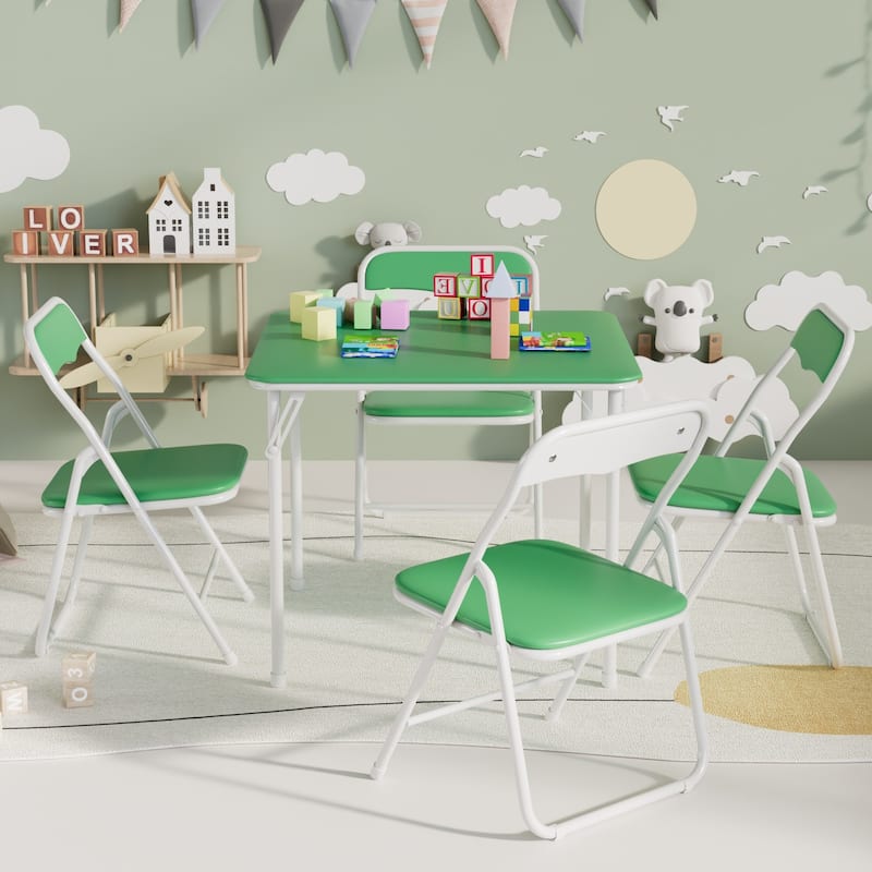 VECELO 5 Pcs Kids Folding Activity Table and Chairs Set, Portable, with Ultra Soft PU Padded Cushion, Matte Black