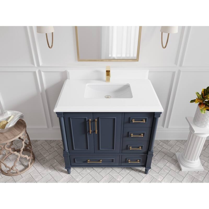 Willow Collections 36 in. W x 22 in. D Aberdeen Center Sink Left Bathroom Vanity with Countertop - 1.5" White Quartz - Hale Navy Blue