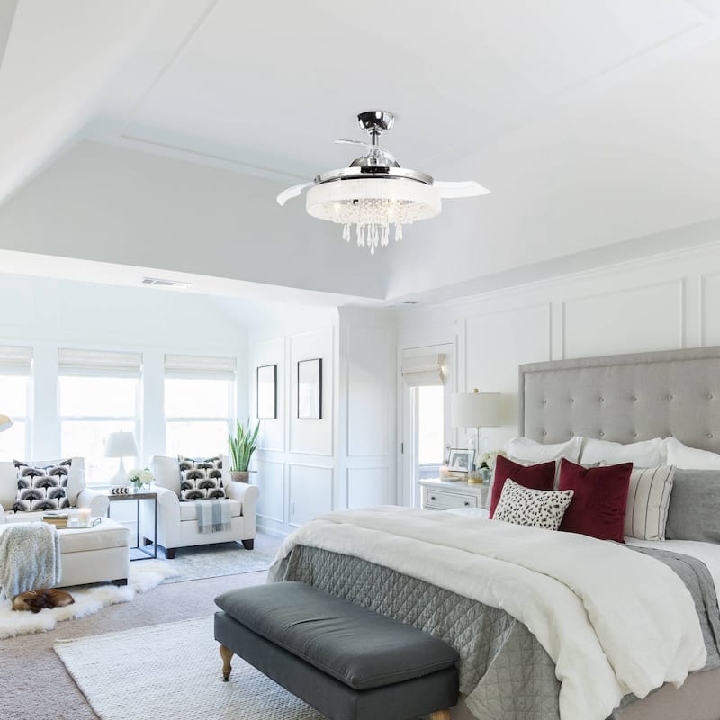 42" Chrome Modern Retractable Chandelier Ceiling Fan with Light and Remote